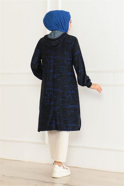 Desenli Kapşonlu Spor Tunik SAKS MAVİSİ SİYAH - Thumbnail