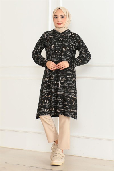 DVL - Desenli Kapşonlu Spor Tunik SİYAH VİZON