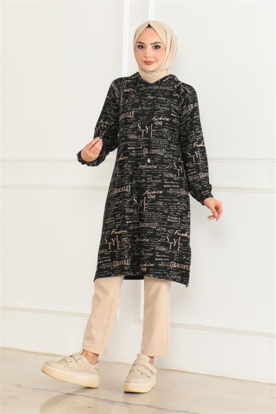 Desenli Kapşonlu Spor Tunik SİYAH VİZON - Thumbnail
