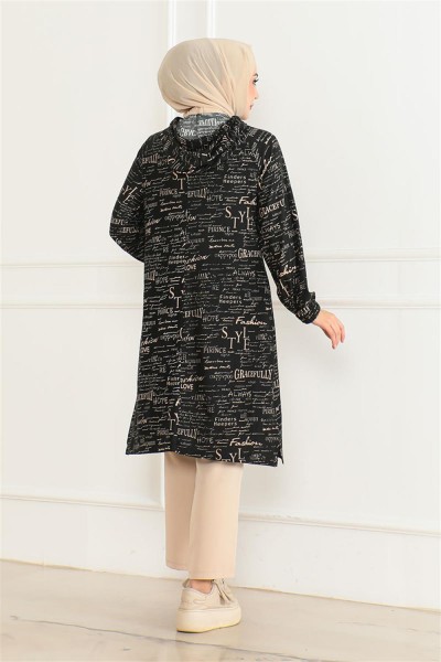 Desenli Kapşonlu Spor Tunik SİYAH VİZON - Thumbnail