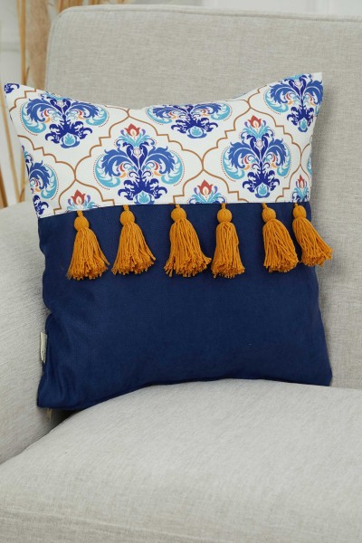 Moda Çizgi - غطاء وسادة منقوش بشراشيب، K-271 سوزاني 8 - أزرق