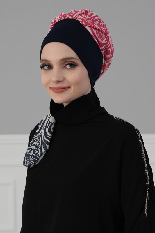 Desenli Şifon Hazır Türban,HT-65D Lacivert - Lacivert Fuşya - 1