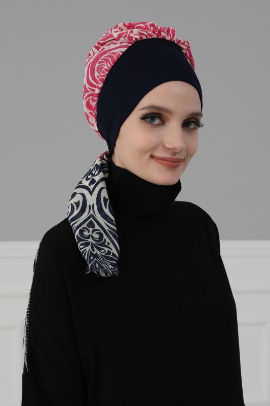 Desenli Şifon Hazır Türban,HT-65D Lacivert - Lacivert Fuşya - 2