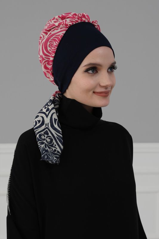 Desenli Şifon Hazır Türban,HT-65D Lacivert - Lacivert Fuşya - 3
