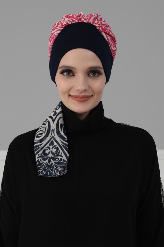 Desenli Şifon Hazır Türban,HT-65D Lacivert - Lacivert Fuşya - 5