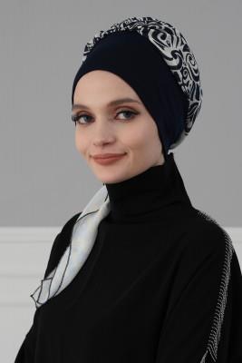Desenli Şifon Hazır Türban,HT-65D Lacivert - Lacivert Mavi - 2