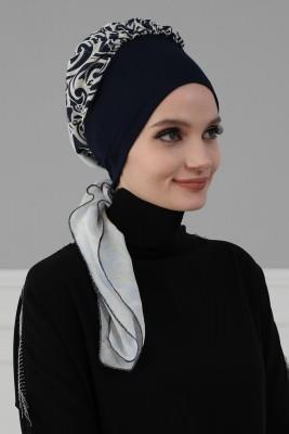 Desenli Şifon Hazır Türban,HT-65D Lacivert - Lacivert Mavi - 3