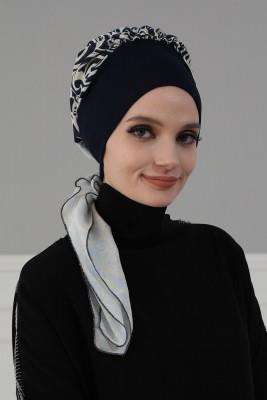 Desenli Şifon Hazır Türban,HT-65D Lacivert - Lacivert Mavi - 4