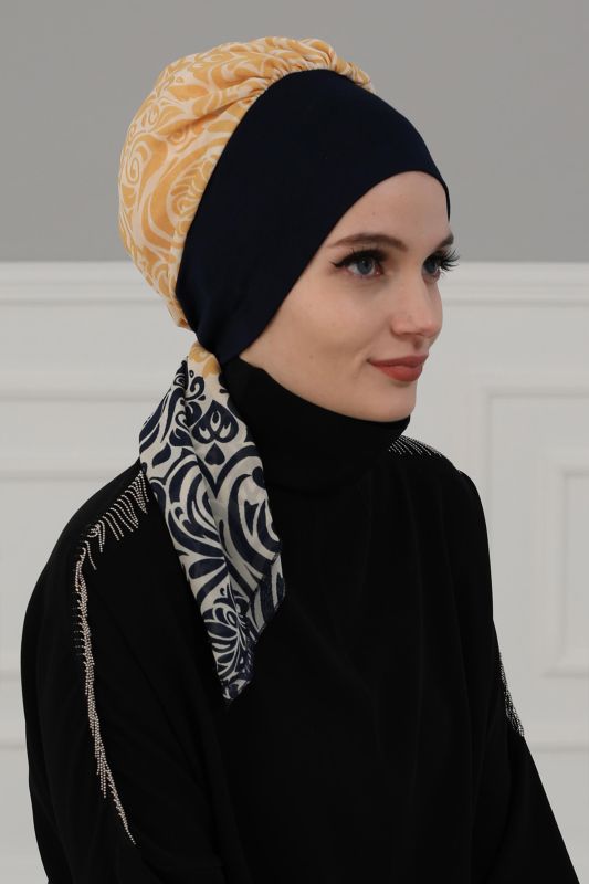 Desenli Şifon Hazır Türban,HT-65D Lacivert - Lacivert Sarı - 1