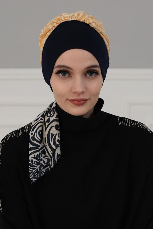 Desenli Şifon Hazır Türban,HT-65D Lacivert - Lacivert Sarı - 2