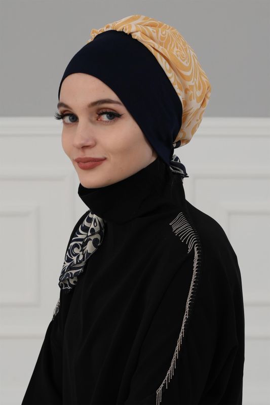 Desenli Şifon Hazır Türban,HT-65D Lacivert - Lacivert Sarı - 3