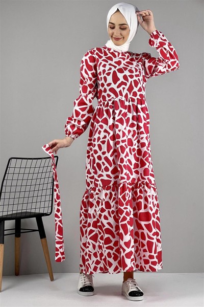 SGS - Desenli Terikoton Elbise KIRMIZI