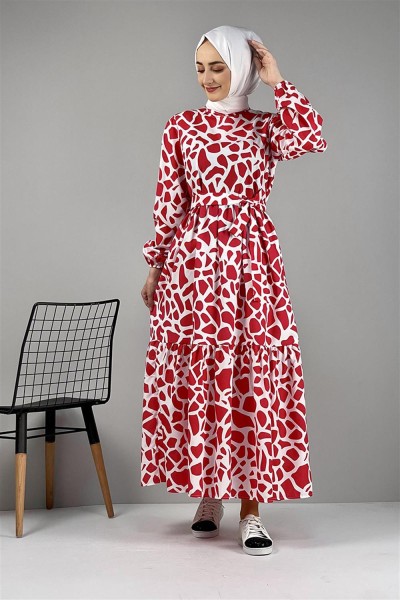 Desenli Terikoton Elbise KIRMIZI - Thumbnail