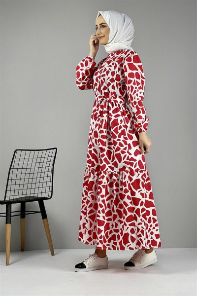 Desenli Terikoton Elbise KIRMIZI - Thumbnail