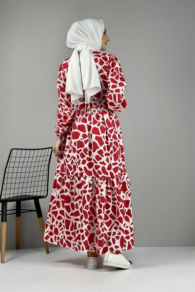 Desenli Terikoton Elbise KIRMIZI - Thumbnail