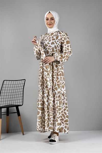 Desenli Terikoton Elbise VİZON - Thumbnail