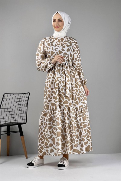 Desenli Terikoton Elbise VİZON - Thumbnail