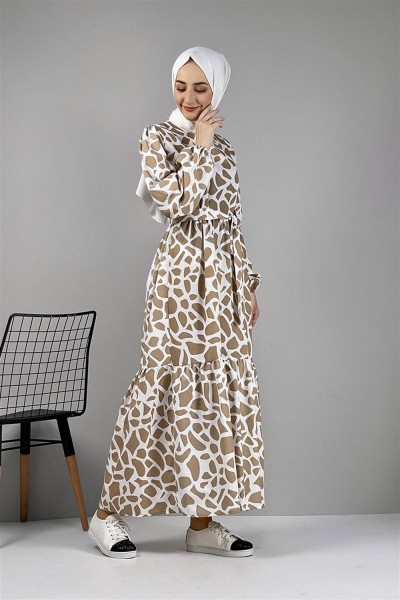 Desenli Terikoton Elbise VİZON - Thumbnail