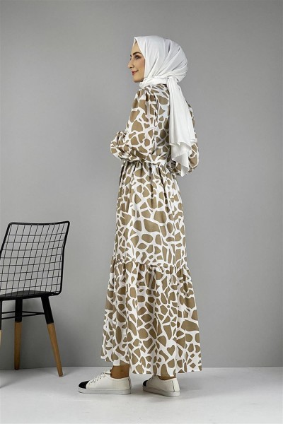 Desenli Terikoton Elbise VİZON - Thumbnail