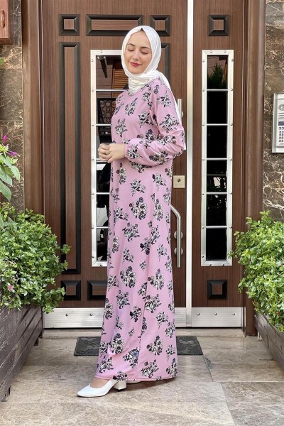 CAVENE - Desenli Tesettür Elbise GÜL KURUSU