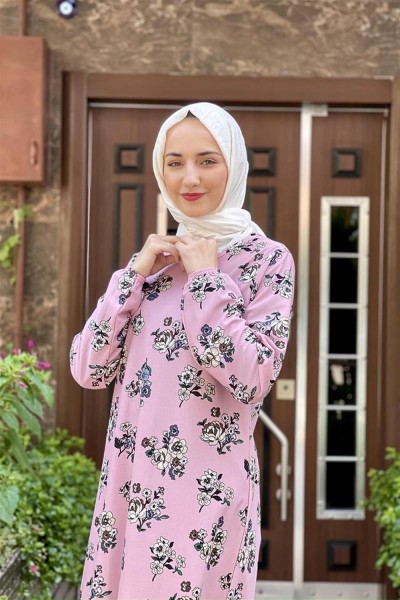 Desenli Tesettür Elbise GÜL KURUSU - Thumbnail