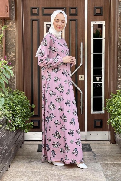 Desenli Tesettür Elbise GÜL KURUSU - Thumbnail