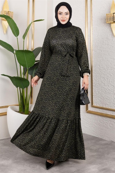MYS - Desenli Tesettür Elbise HAKİ