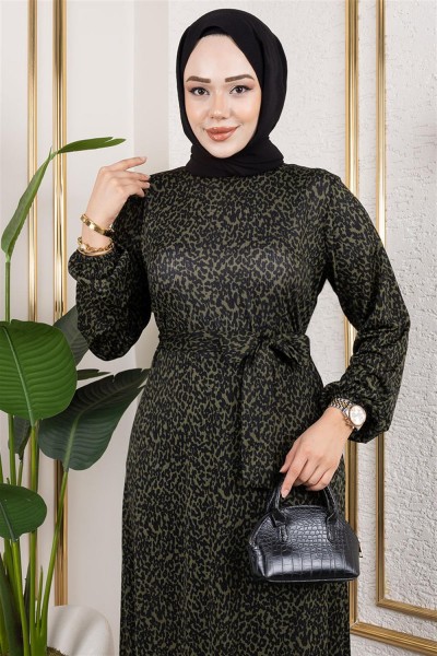 Desenli Tesettür Elbise HAKİ - Thumbnail