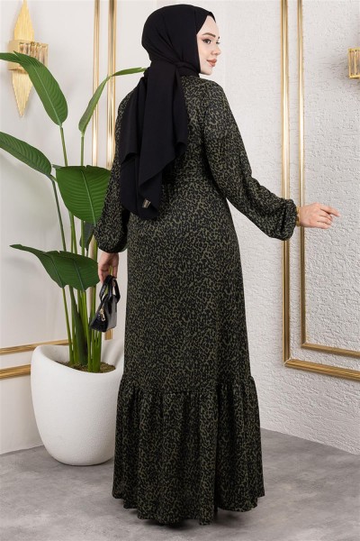 Desenli Tesettür Elbise HAKİ - Thumbnail