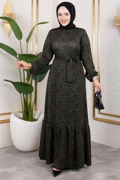 Desenli Tesettür Elbise HAKİ - Thumbnail