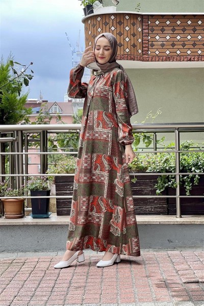 Desenli Tesettür Elbise HAKİ - Thumbnail