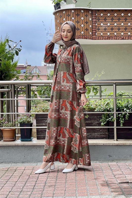 Desenli Tesettür Elbise HAKİ - 2