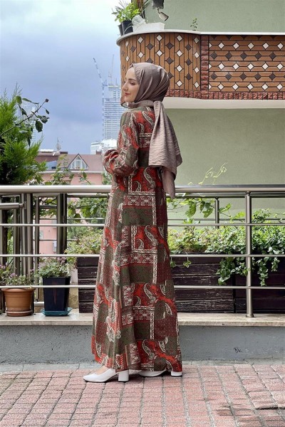 Desenli Tesettür Elbise HAKİ - Thumbnail