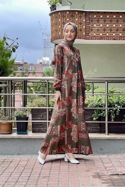 Desenli Tesettür Elbise HAKİ - Thumbnail