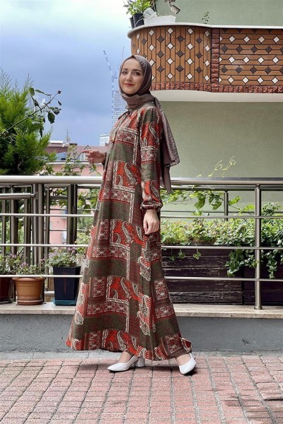 Desenli Tesettür Elbise HAKİ - Thumbnail