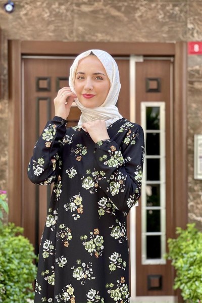 Desenli Tesettür Elbise HAKİ - Thumbnail
