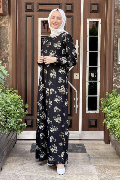 Desenli Tesettür Elbise HAKİ - Thumbnail