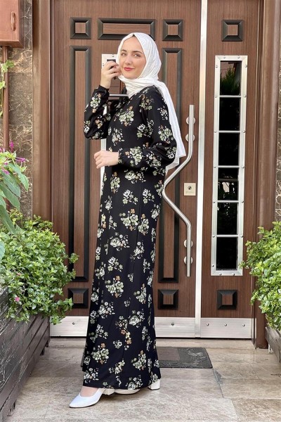 Desenli Tesettür Elbise HAKİ - Thumbnail