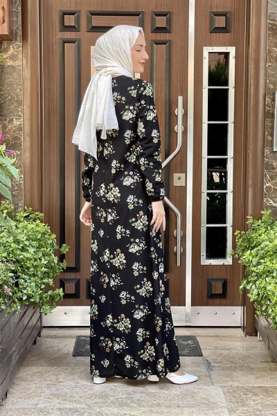 Desenli Tesettür Elbise HAKİ - Thumbnail