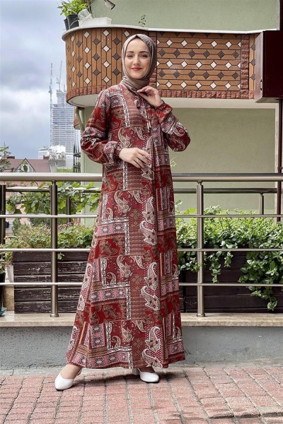 Desenli Tesettür Elbise KİREMİT - Thumbnail