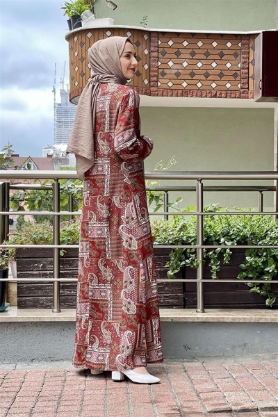 Desenli Tesettür Elbise KİREMİT - Thumbnail