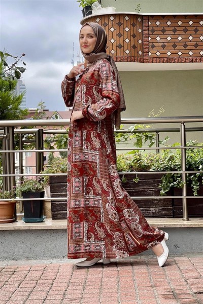 Desenli Tesettür Elbise KİREMİT - Thumbnail