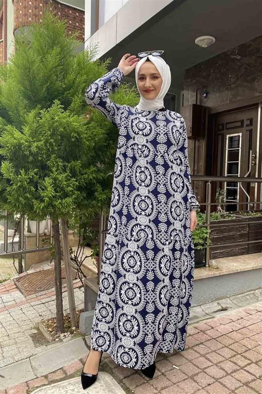 Desenli Tesettür Elbise Lacivert - 1