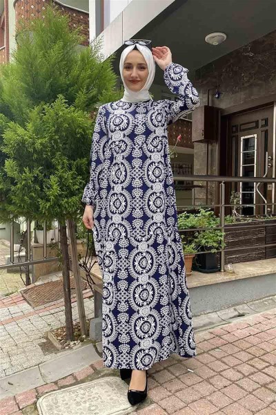 Desenli Tesettür Elbise Lacivert - Thumbnail