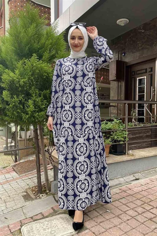 Desenli Tesettür Elbise Lacivert - 2