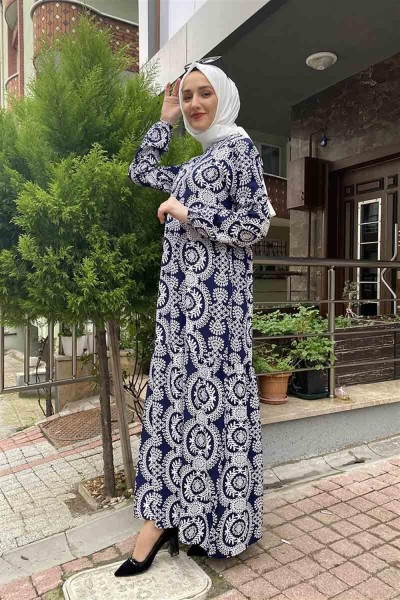 Desenli Tesettür Elbise Lacivert - Thumbnail