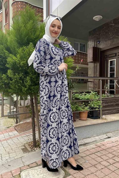 Desenli Tesettür Elbise Lacivert - Thumbnail