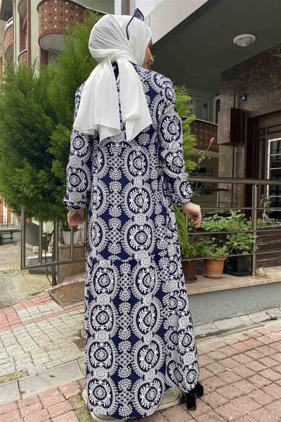Desenli Tesettür Elbise Lacivert - Thumbnail