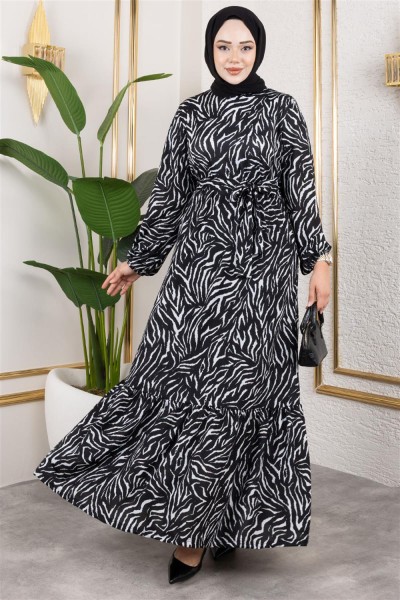 MYS - Desenli Tesettür Elbise SİYAH