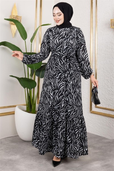 Desenli Tesettür Elbise SİYAH - Thumbnail